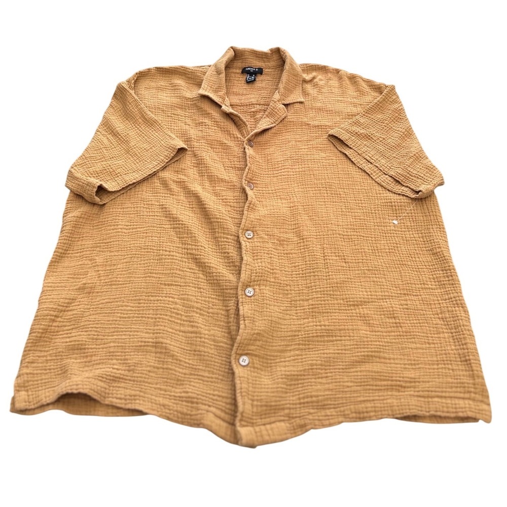 Forever 21 Men Mustard Yellow Textured Gauze Short Sleeve Button Up Shirt XL